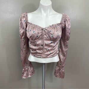 ACOA women’s size small Floral Puff Sleeve Crop Blouse satin renaissance fairy